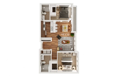 Floor plan for 2 beds, 2 baths, 1051 sqft